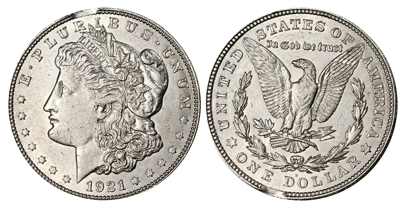 Error 1921 D Morgan dollar showing minor clipped planchet (more distinct specimens are worth more).